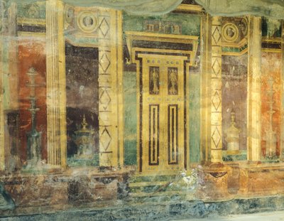 Itálie, Kampánie, Oplonti, archeologická oblast Torre Annunziata, římská vila Poppaea, velký sál, freska se sloupy ve druhém pompejském stylu od Unbekannt Unbekannt