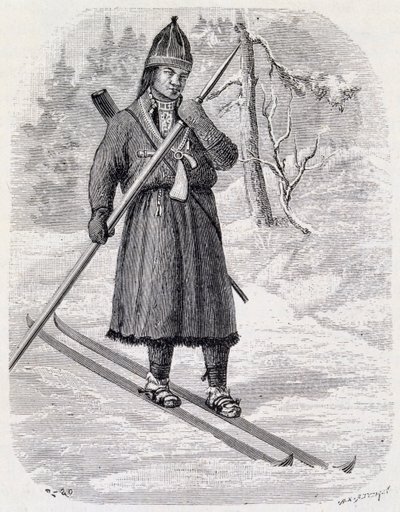 Lars Tuorda, laponský atlet vítězný v závodě na lyžích organizovaný v roce 1884 Adolfem Erickem Nordenskjoldem, kresba tuší od Unbekannt Unbekannt