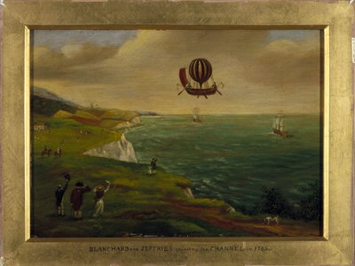 Vynálezce Jean Pierre (Jean-Pierre) Blanchard (1753-1809) a americký vědec John Jeffries (Jefferies nebo Gefferies) (1744-1819) přelétají Lamanšský průliv v létajícím stroji připomínajícím člun vybavený horkovzdušným balónem 7/01 /1785 od Unbekannt Unbekannt
