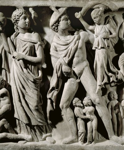 Mramorový sarkofág, Reliéf zobrazující Prométheův mýtus, Detail, Hermes a jeden z Parcae nebo Osudů, z Arles od Unbekannt Unbekannt