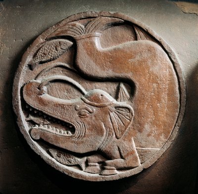 Medailon s mořským zvířetem z hlavy slona požírajícího ryby, reliéf ze stúpy Bharhut, buddhistický památník, Madhjapradéš, Indie, indická civilizace, 2. století před naším letopočtem od Unbekannt Unbekannt