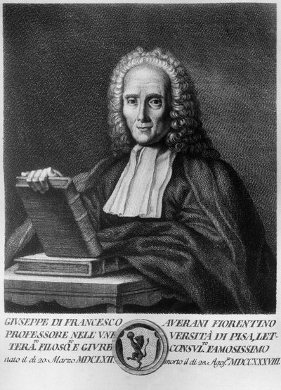 Portrét Giuseppe Averaniho, známého jako Averanus (1662-1738), italského právníka a přírodovědce, lept ze série portrétů slavných toskánských mužů, nakladatelství Allegrini od Unbekannt Unbekannt