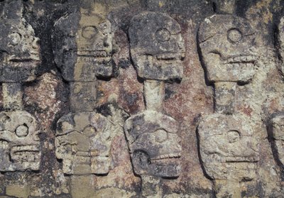 Reliéf zobrazující lidské lebky, detail Tzompantli nebo Wall of Skulls, archeologické naleziště Chichen Itza (světové dědictví UNESCO od Unbekannt Unbekannt