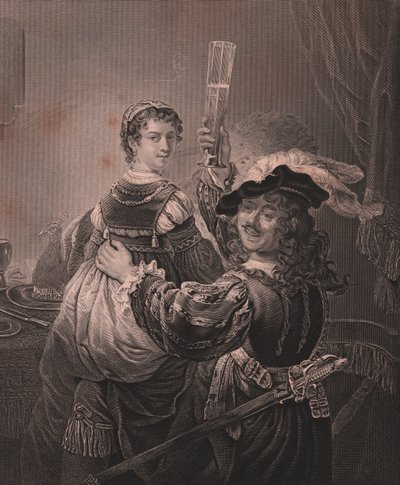 Rembrandt s manželkou Saskiou, rytina H Payne z obrazu Rembrandta, z Payne