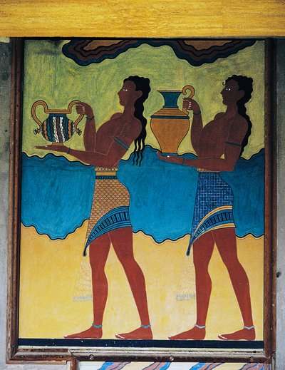 Sluhové nesoucí vázy, freska v paláci Knossos, Kréta, Řecko, minojská civilizace od Unbekannt Unbekannt