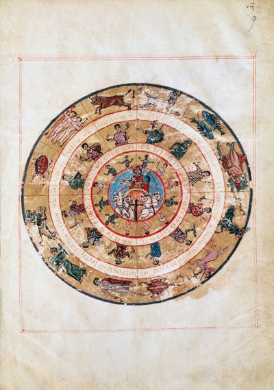 Sluneční vůz a znamení zvěrokruhu, miniatura z rukopisu raného středověku, astronomická tabulka Ptolemaia (asi 100-175), helénistická civilizace od Unbekannt Unbekannt