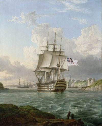 HMS "Britannia", loď se 120 děly, postavená v roce 1820, opouští přístav ve Středozemním moři, pravděpodobně Maltu. od Lieutenant Robert Strickland Thomas