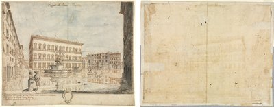 Osmnáct pohledů na Řím: Piazza Farnese (recto); kartuše (verze) od Lievin Cruyl