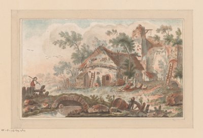 Dům před zchátralou městskou bránou, s mužem na mostě v popředí od Liger (attributed to)