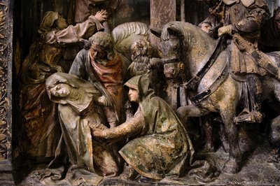 Oltářní díl, střední panel, detail, mdloba Panny Marie (malovaný kámen) od Ligier Richier