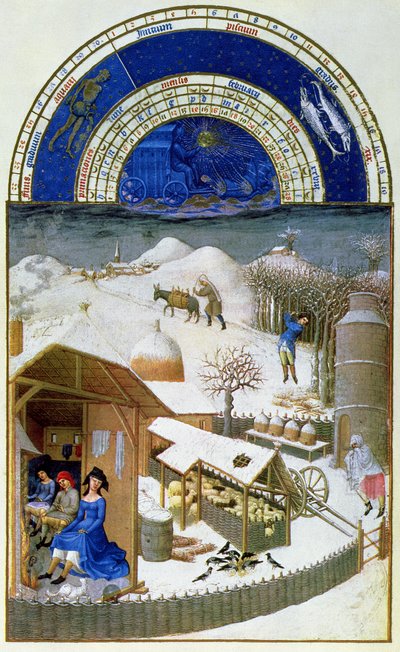 Faksimile února: scéna na farmě s rolníky, zkopírovaná z „Tres Riches Heures du Duc de Berry“ (originál viz 8434) od Limbourg Brothers