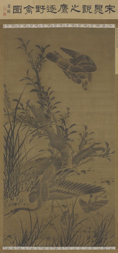 Hawk Pursuing Water Fowl, dynastie Ming, konec 15.-začátek 16. století (inkoust a barva na hedvábí) od Lin Liang