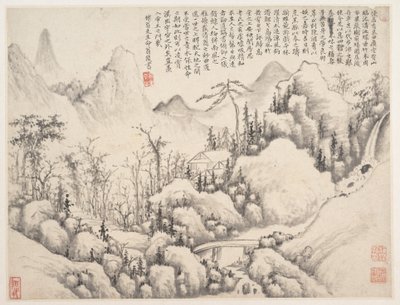 Mountain Retreat, list z alba pro Zhou Lianggong, datováno 1654-55 (list ze společného alba mnoha listů; tuš a barva na papíře) od Lin Shi