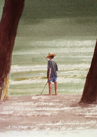 Henry Fishing, 1990 (akryl na papíře) od Lincoln Seligman