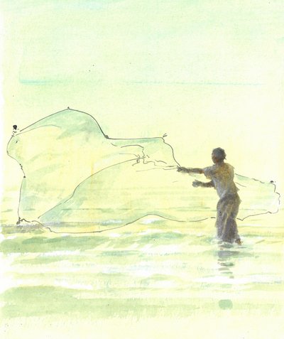 Lone Fisherman 2, 2015 (pero a inkoust s wc na papíře) od Lincoln Seligman