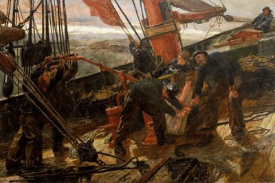 Scéna na palubě škuneru zastiženého v bouři, námořní drama, všichni námořníci a kapitánova žena se shromáždí, aby aktivovali čerpadlo a vytáhli plachty a lana. od Lionel Percy Smythe