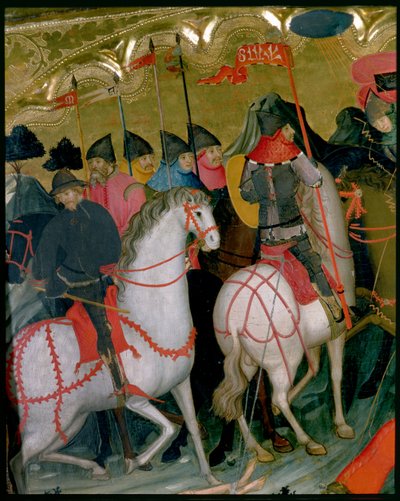 Jízdní vojáci, detail z oltářního obrazu Panny Marie a sv. Jiří, kolem 1390-1400 (tempera na panelu) od Lluís Borrassà