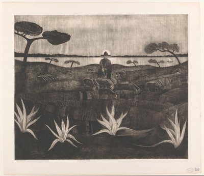 Pastýř se stádem ovcí v kopcovité krajině Le Troupeau (původní název) od Lodewijk Schelfhout (signed by artist)