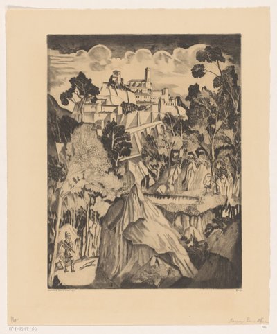 Kopcovitá krajina s lovcem Paysage romantic (původní název) od Lodewijk Schelfhout (signed by artist)