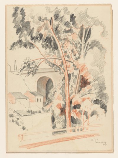Domy a stromy pod viaduktem v Remouchamps od Lodewijk Schelfhout (signed by artist)