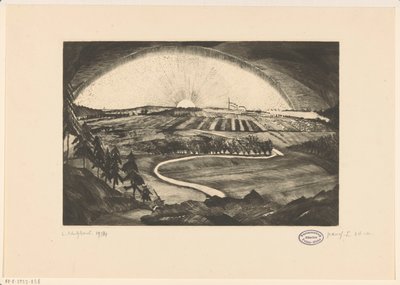Vycházející nebo zapadající slunce nad kopcovitou krajinou La Bruyere (původní název na objektu) od Lodewijk Schelfhout (signed by artist)