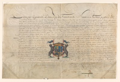 Diplom, kterým Ludvík XIV. povýšil Cornelis Lampsins na barona z Tobaga a rytíře Řádu svatého Michela od Lodewijk XIV (koning van Frankrijk) (signed by artist)