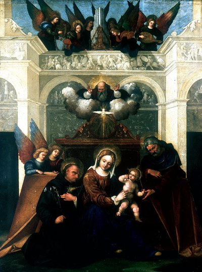 „Svatá rodina se svatým Mikulášem z Tolentina“, 1515-1530 od Lodovico Mazzolini