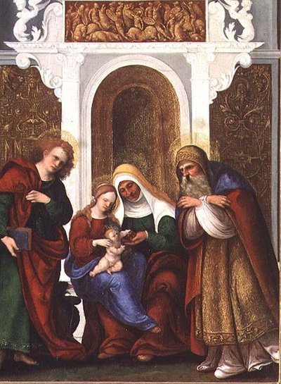 Madonna a dítě s SS. Anne, John the Evangelist and Zacharias or Madonna and St. Anne of the Cherry (panel) od Lodovico Mazzolino