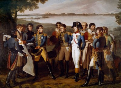Napoleon I. nařídil 19. května 1809 položit most přes Dunaj u Ebersdorfu. Generál Henri Gatien Bertrand (1773-1844) představuje plány mostu, který má procházet ostrovem Lobau „“ Detail. Obraz od Ludovica Venutiho (aktivní mezi 1799-1810) od Lodovico Venuti