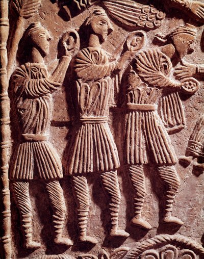 Lombardské umění: moudří králové, nízký reliéf z oltáře vévody Rachise - Sochařství, lombardské umění, 737-744 - Cividale del Friuli, Chretien Museum, poklad katedrály od Lombard School