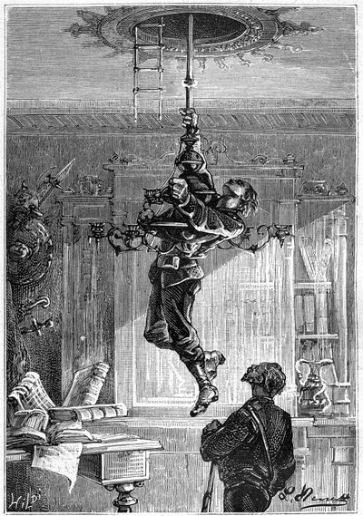 Kresba Leona Benetta z knihy Julese Verna "500 milionů Begum" - edice Hetzel/Extraordinary Voyages 1879. "... Sotva byl zavěšen na kandelábru dore, k jeho krajnímu překvapení mu padl pod ruku. Strop od Léon Benett