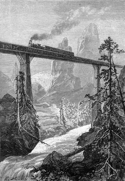 kresba Leona Benetta z knihy Julese Verna "500 milionů Begum" - edice Hetzel/Extraordinary Voyages 1879. Parní vlak projíždějící po odvážném mostě v horské krajině s potokem. od Léon Benett