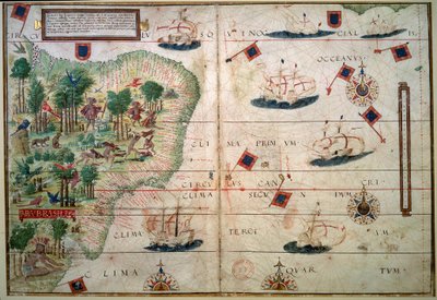 Hydrografická mapa Brazílie - Rukopis osvětlený ""Portugalský námořní atlas"" od kartografa Loppa Homema 1519 Paříž. B.N. - Hydrografická mapa Brazílie - Z iluminovaného rukopisu “”Anglický námořní atlas”” od Loppa Homema (16. století) od Lopo Homem