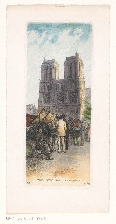 Pohled na Notre-Dame v Paříži s knihkupci v popředí Paris Notre Dame les bouquinistes (název na objektu) od Léopold Robin