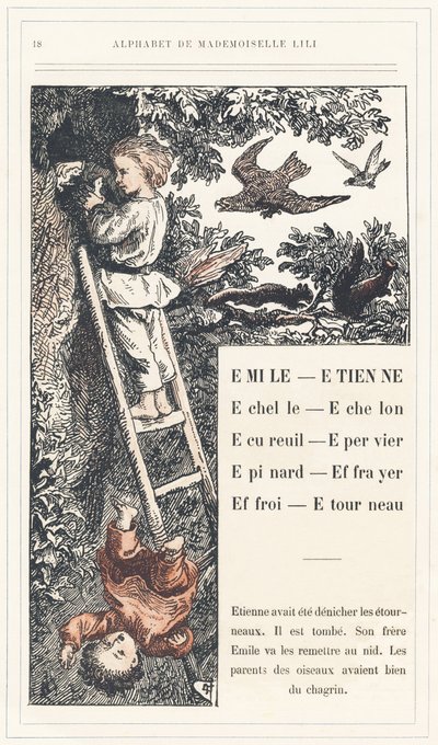 Emile, Etienne, Echelle, Echelon, Squirrel, Sparrow, Epinard, Scarer, Farry, Stourneau, strana 18 - Abeceda Mademoiselle Lili, L. Froelich a tatínek (sám Hetzel). Bibliotheque  Magasin d