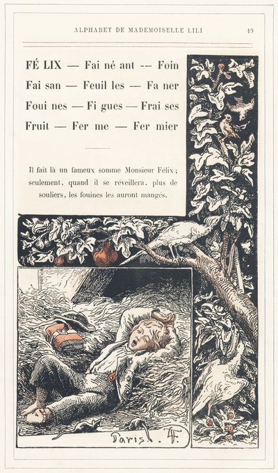 Felix, Lež, Seno, Bažant, Listí, Fanouš, Lasičky, Fíky, Jahody, Ovoce, Farma, Farmář, strana 19 - Abeceda paní Lili, L. Froelich a otec (sám Hetzel). Bibliotheque  Magasin d