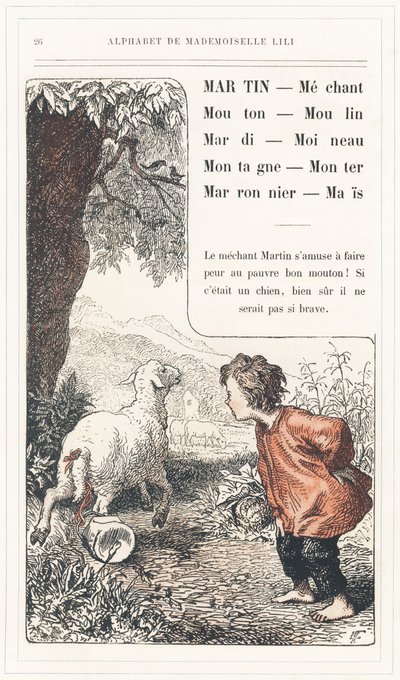 Martin, Mechant, Mouton, Mlýn, Úterý, Vrabec, Hora, Vzestup, Kaštan, Mais, strana 26 - Abeceda Mademoiselle Lili, L. Froelich a tatínek (sám Hetzel). Bibliotheque  Magasin d