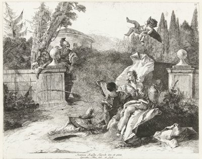 Rinaldo a Armida jsou špehováni Ubaldem a Carlem od Lorenzo Baldissera Tiepolo
