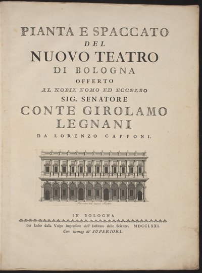 Plán a průřez nového divadla v Bologni od Lorenzo Capponi, after Antonio Galli Bibiena
