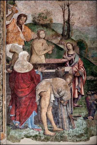 Život svaté Cecílie: Umučení svaté Cecílie, detail (freska od Lorenzo Costa