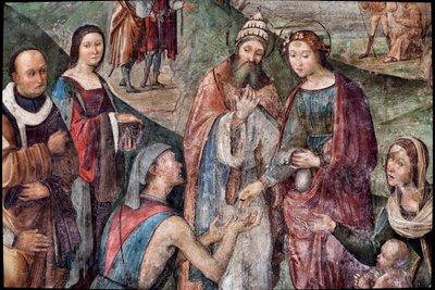Svatá Cecílie dává svůj majetek chudým, detail (freska od Lorenzo Costa