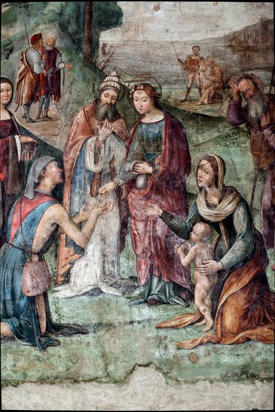 Svatá Cecílie dává svůj majetek chudým, detail (freska od Lorenzo Costa