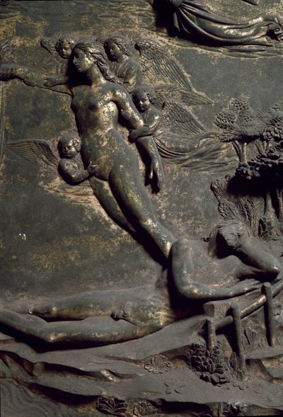 Stvoření Evy z Adamova pobřeží. Detail orientálních dveří s názvem Ráj, řezba od Lorenzo Ghiberti