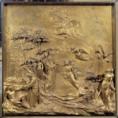 Historie Adamova života: narození Adama, stvoření Evy a Adam a Eva loví z ráje. Původní panel dveří ráje od Lorenzo Ghiberti