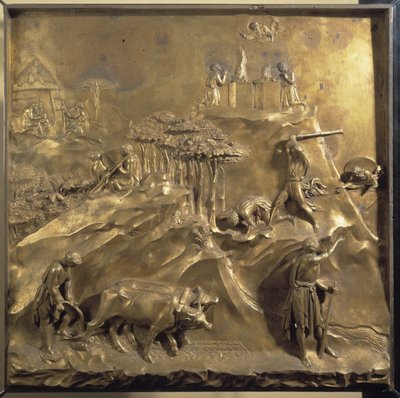 Život Kaina a Ábela: oběť, vražda Ábela a Bůh vyhánějící Kaina. Původní panel dveří ráje od Lorenzo Ghiberti