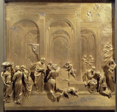 Život Jákoba a Ezaua: Ezau prodává své prvorozenství a Izák žehná Jákobovi. Původní panel dveří ráje od Lorenzo Ghiberti