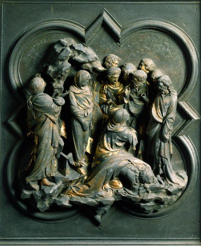Severní brána (na severu nazývaná Křížová brána), detail exteriéru: „“vzkříšení Lazara“““ Bronzová socha od Lorenza Ghibertiho (1378-1455) od Lorenzo Ghiberti