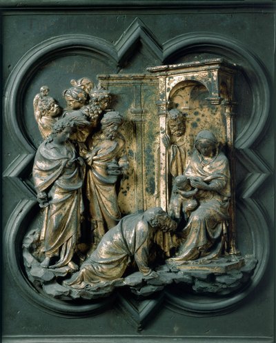 Severní brána (nazývaná Křížová brána, na sever), detail exteriéru: Klanění tří králů. Bronzová socha od Lorenza Ghibertiho (1378-1455) od Lorenzo Ghiberti