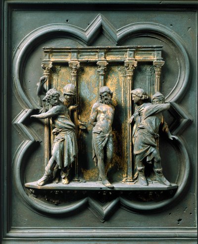 North Porte (na severu nazývaná Porte de la Croix), detail exteriéru: „“la flagellation““ Bronzová socha od Lorenza Ghibertiho (1378-1455) od Lorenzo Ghiberti