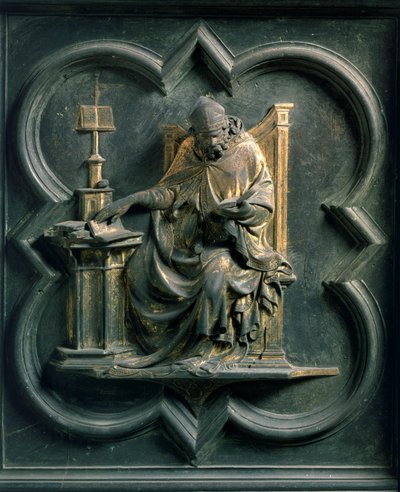 Severní brána (zvaná Porte de la Croix, severní), detail exteriéru: Ambrože. Bronzová socha od Lorenza Ghibertiho (1378-1455). od Lorenzo Ghiberti